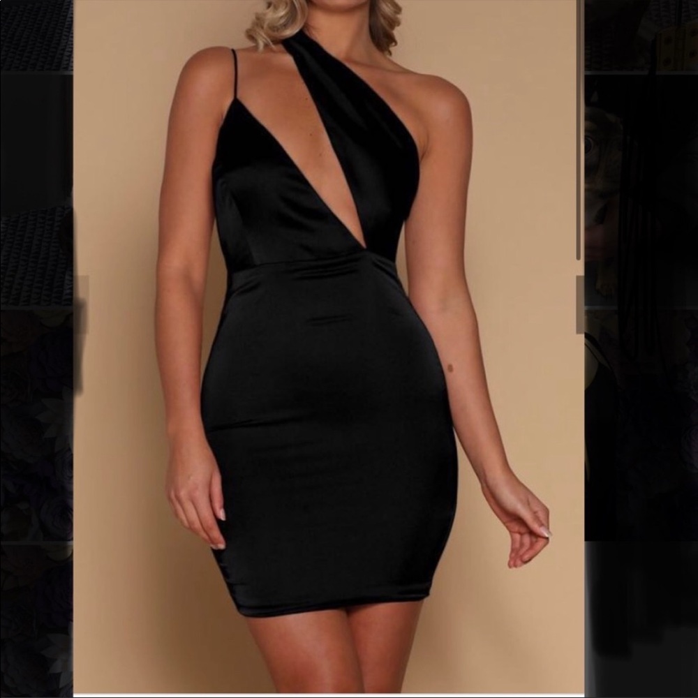 MESHKI asymmetrical neck satin mini dress